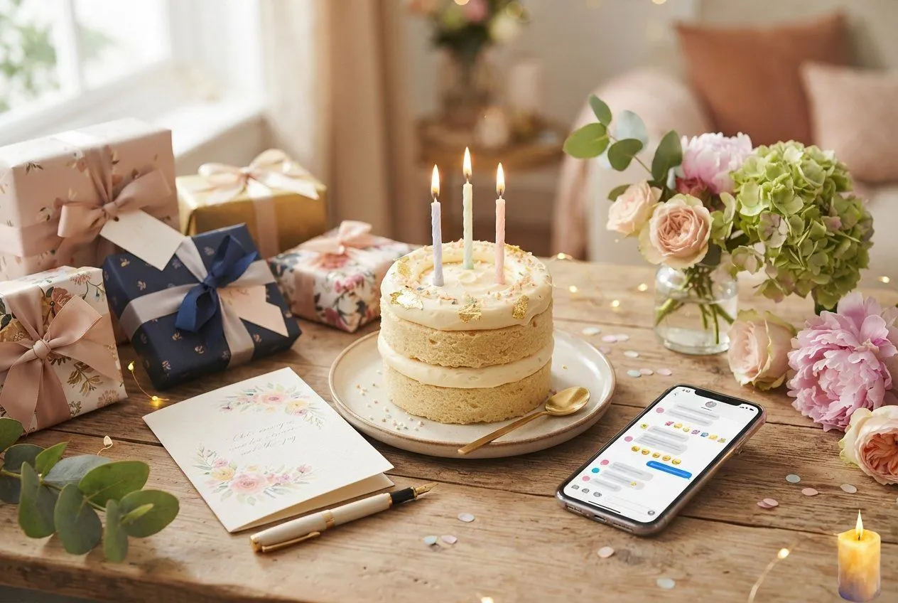 Birthday wishes ideas with cake, gifts, flowers, greeting card, and phone