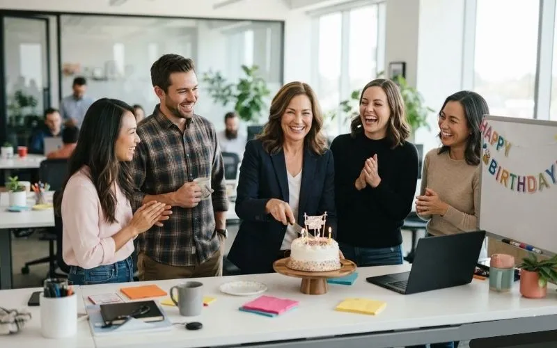  A happy group of office colleagues gathering around a desk to cut a birthday cake during a daytime workplace celebration.