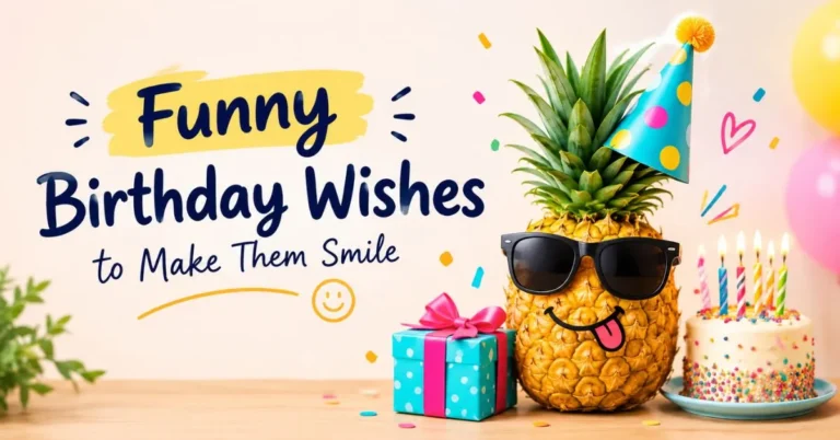 Funny birthday wishes with a playful birthday cake, gift, and party decorations